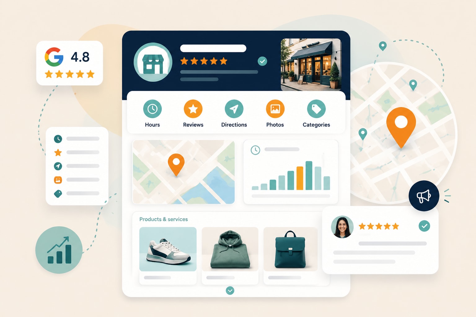 Retail and fashion local search dashboard with reviews, map pins, store details, and products