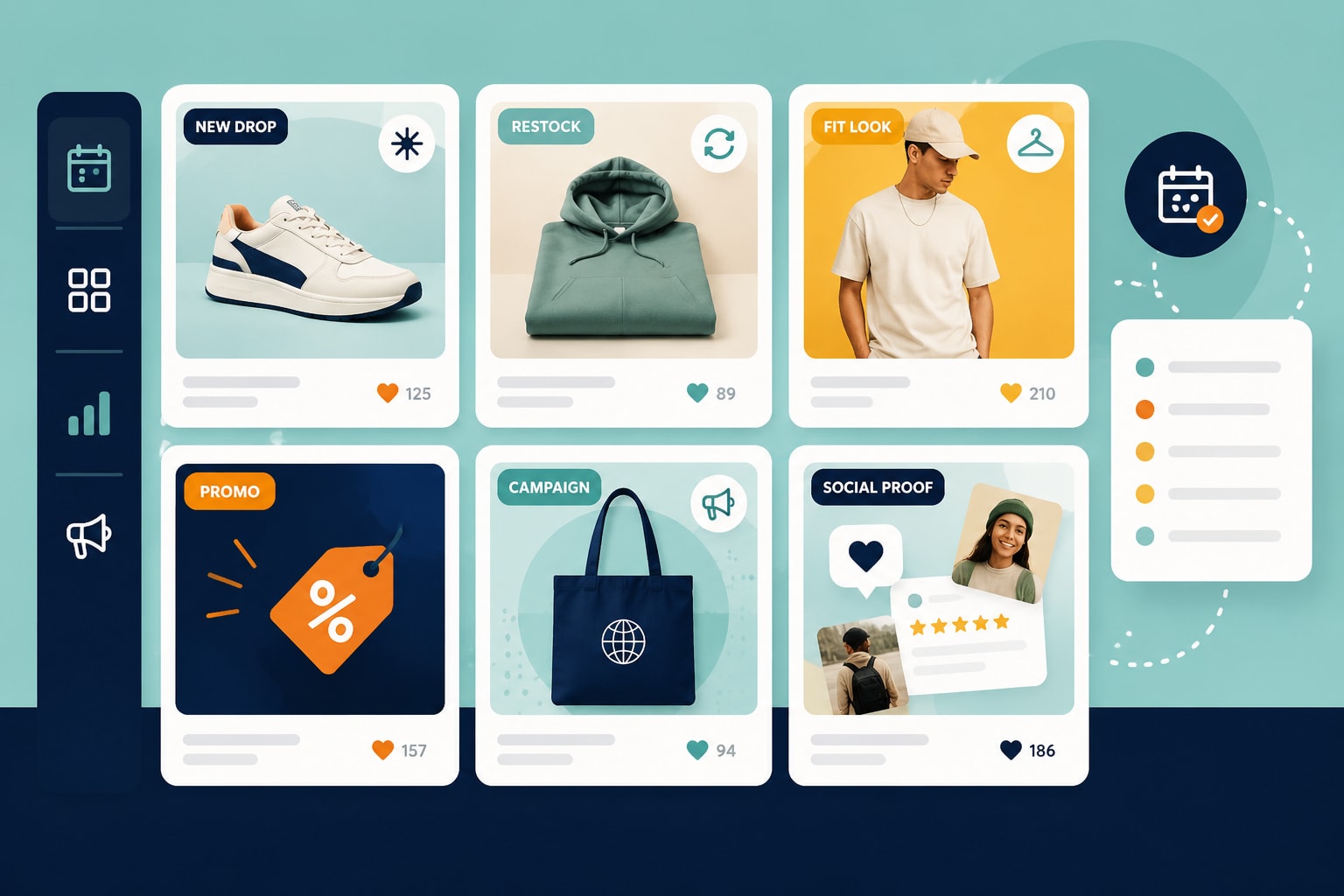 Retail and fashion product content grid with new drops, restocks, fit looks, promos, campaigns, and social proof