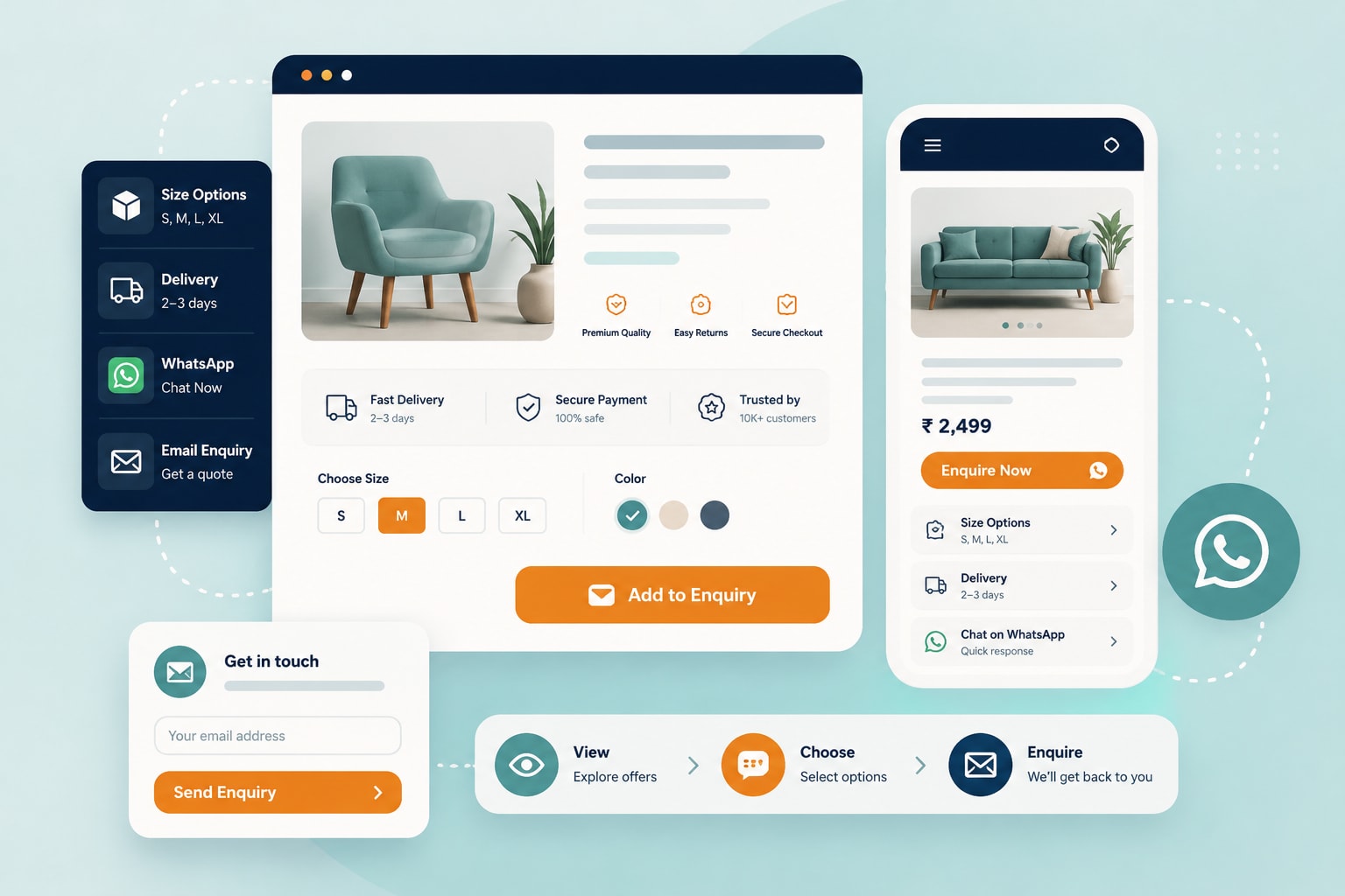 Retail product website and mobile enquiry path with product options, delivery, WhatsApp, and email capture