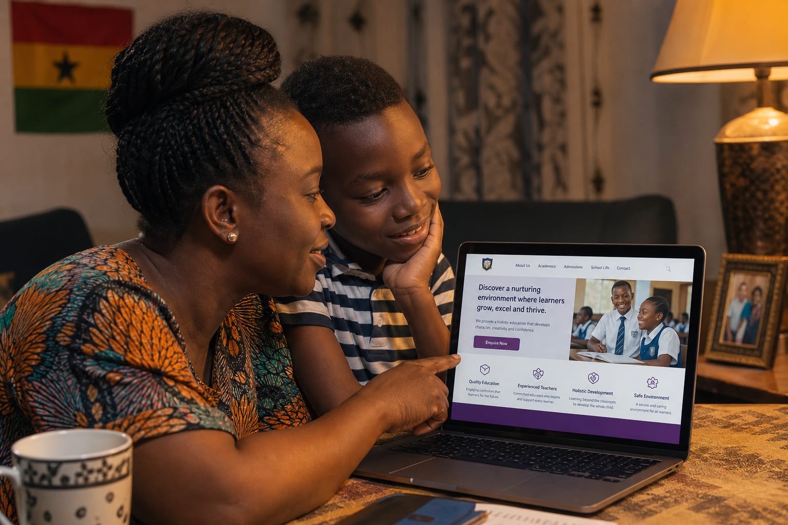 Parent and child reviewing a school website with an enquiry button at home