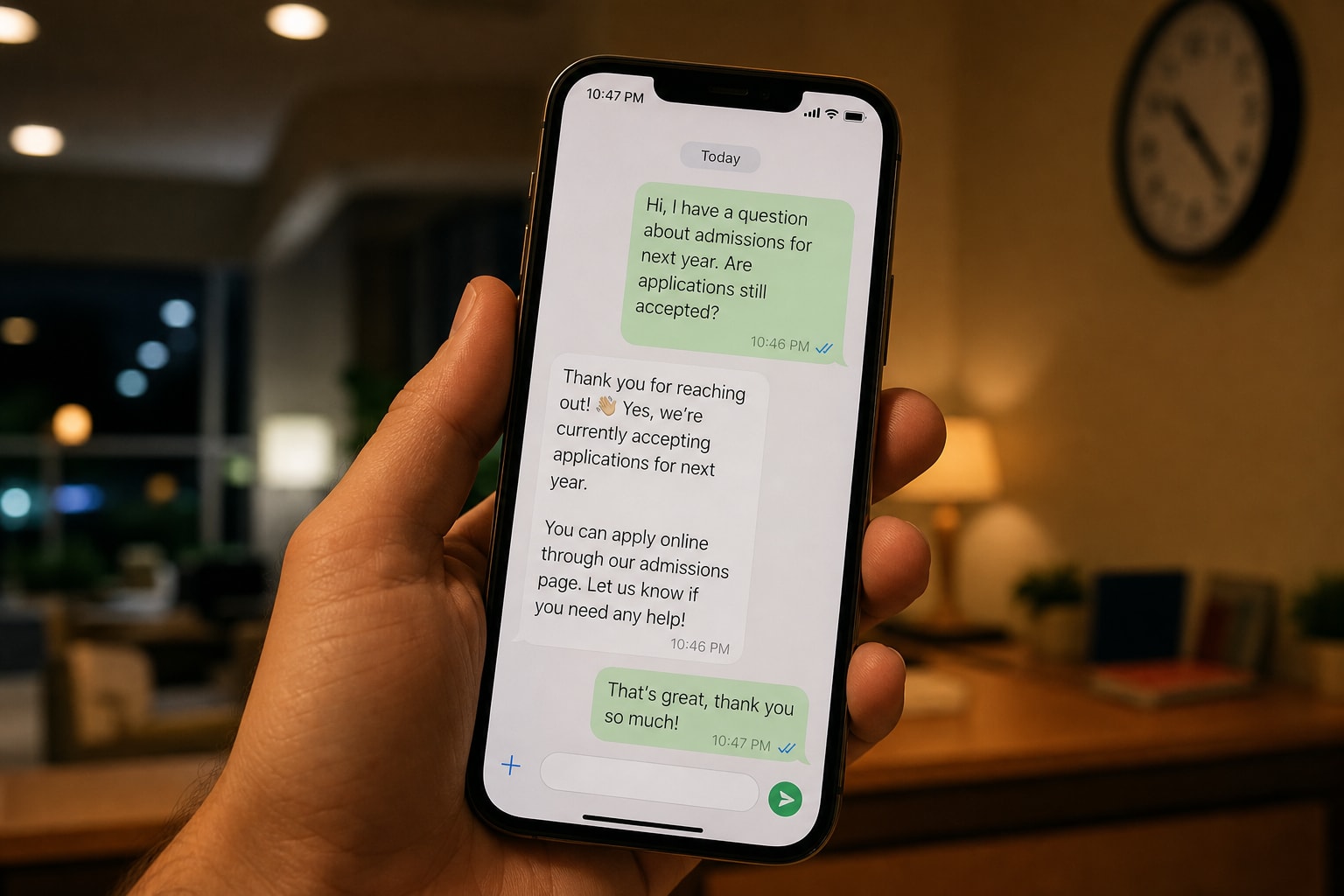 Phone showing an after-hours school admissions chat with an instant reply