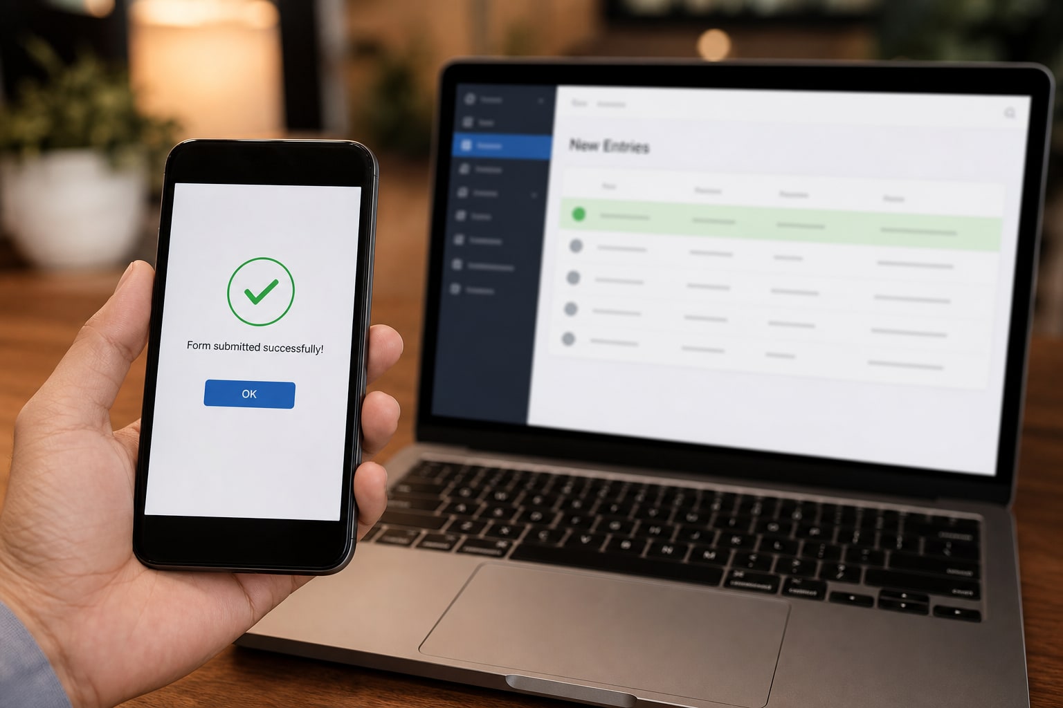 Phone form submission connected to a new CRM entry on a laptop