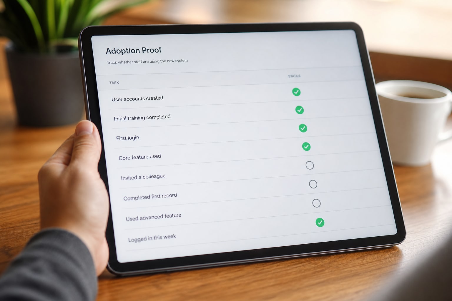 Tablet showing an adoption proof checklist with completed and pending items