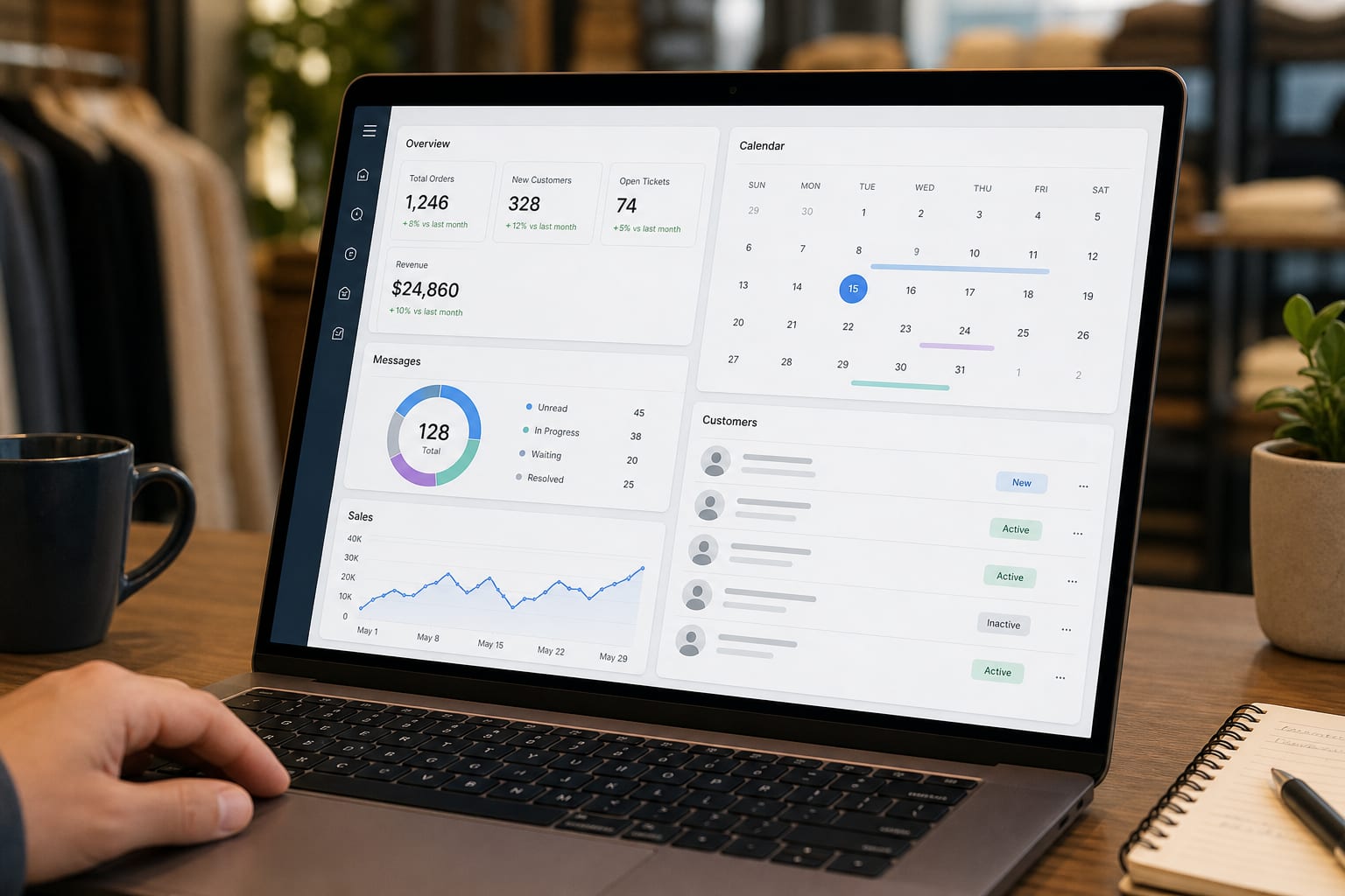 Laptop showing a connected operations dashboard with calendar, messages, customers, and charts