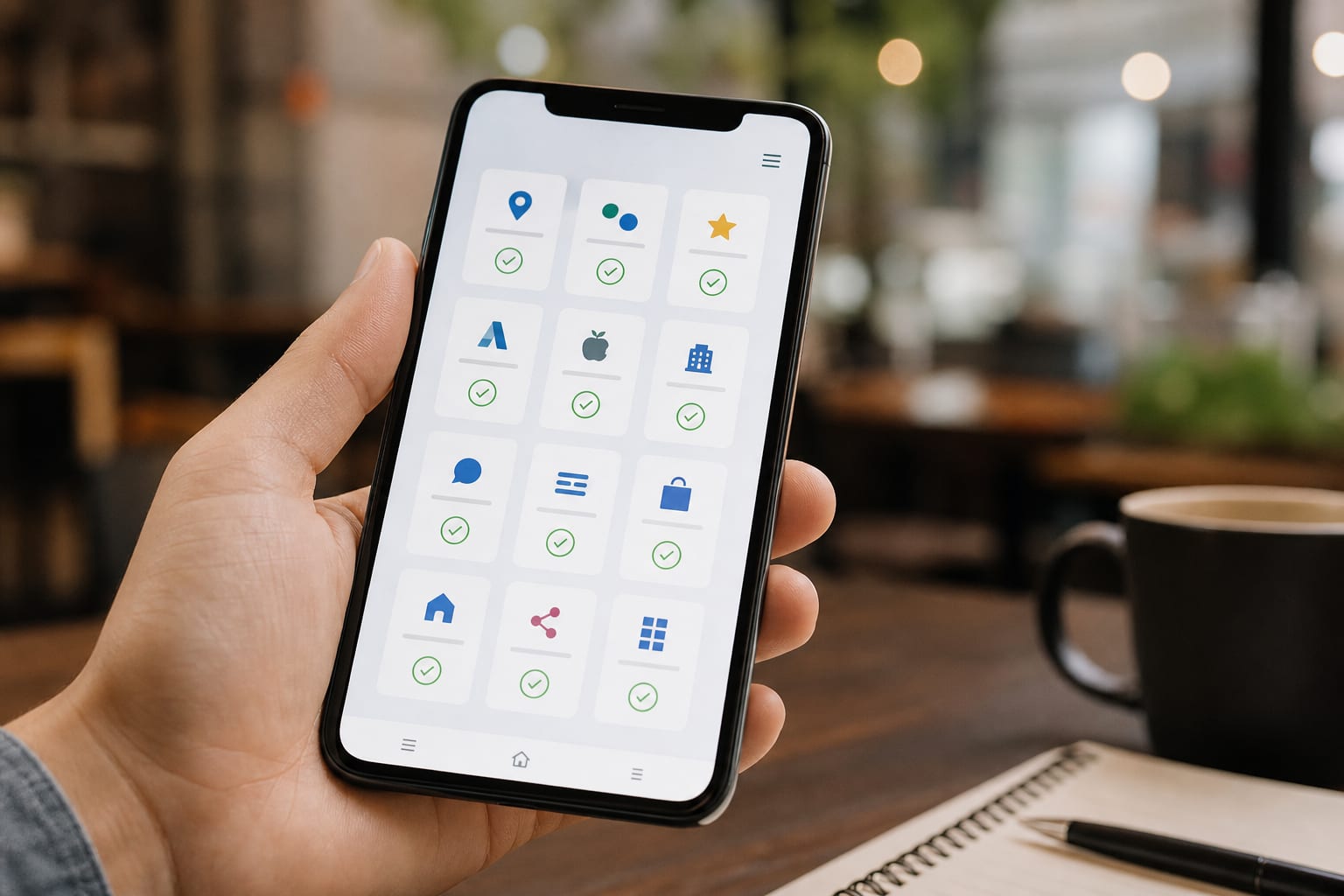 Phone showing synced directory cards with checkmarks for local listings