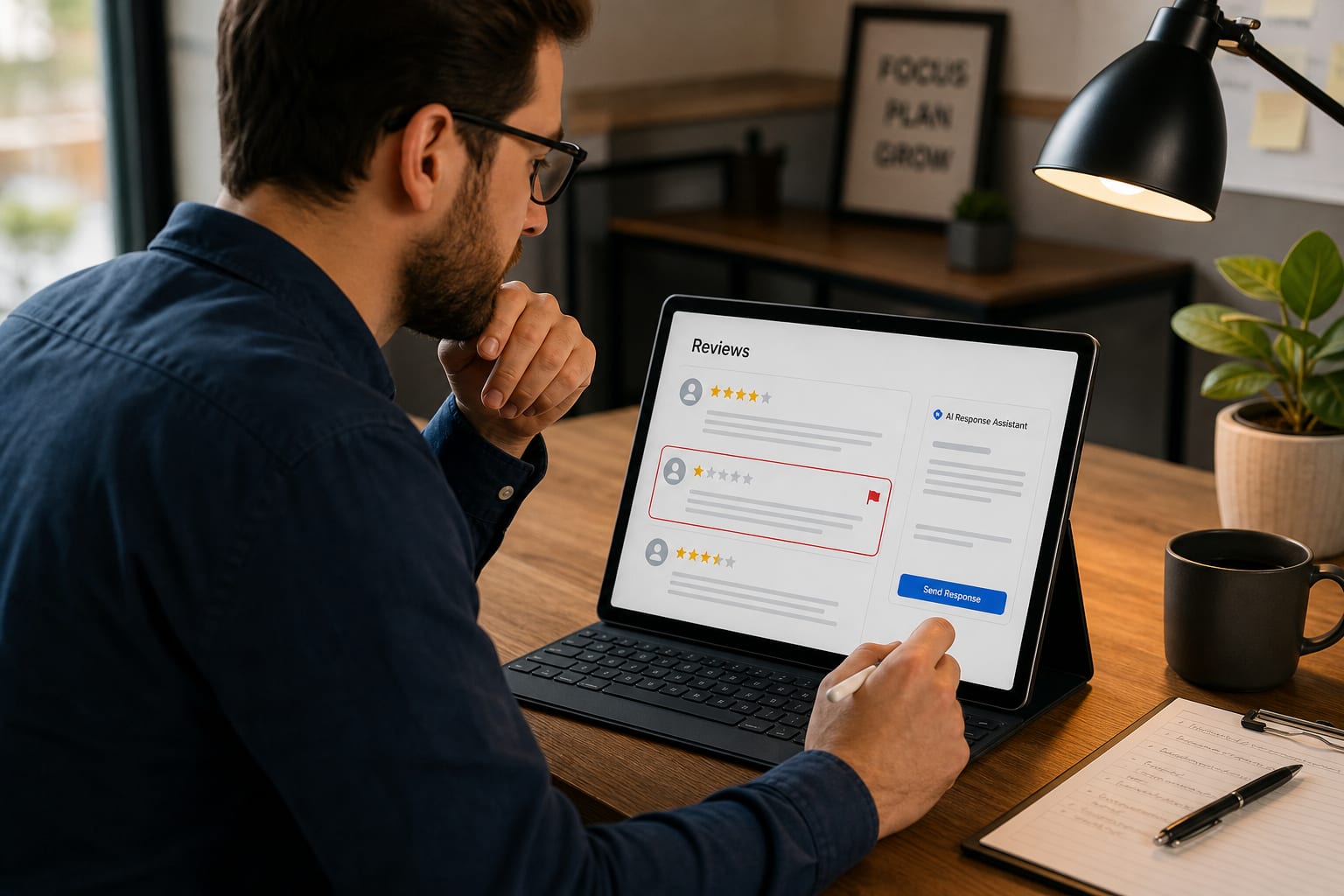 Person reviewing a flagged local business review on a tablet