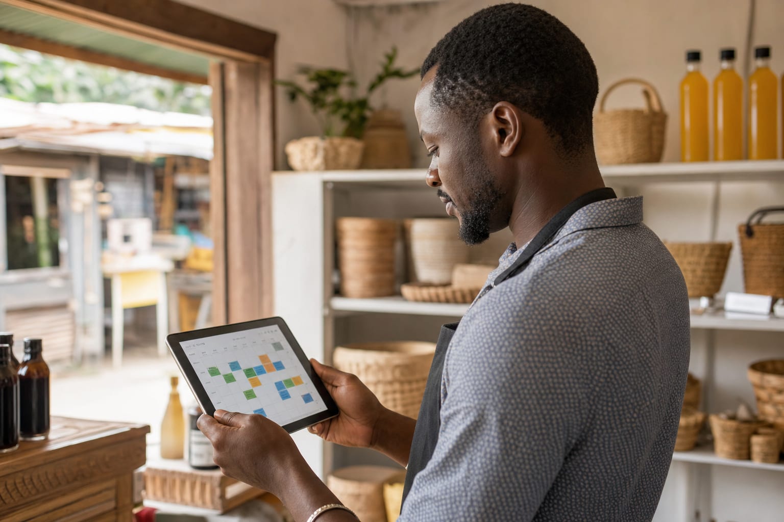 Business owner reviewing a social media content calendar on a tablet