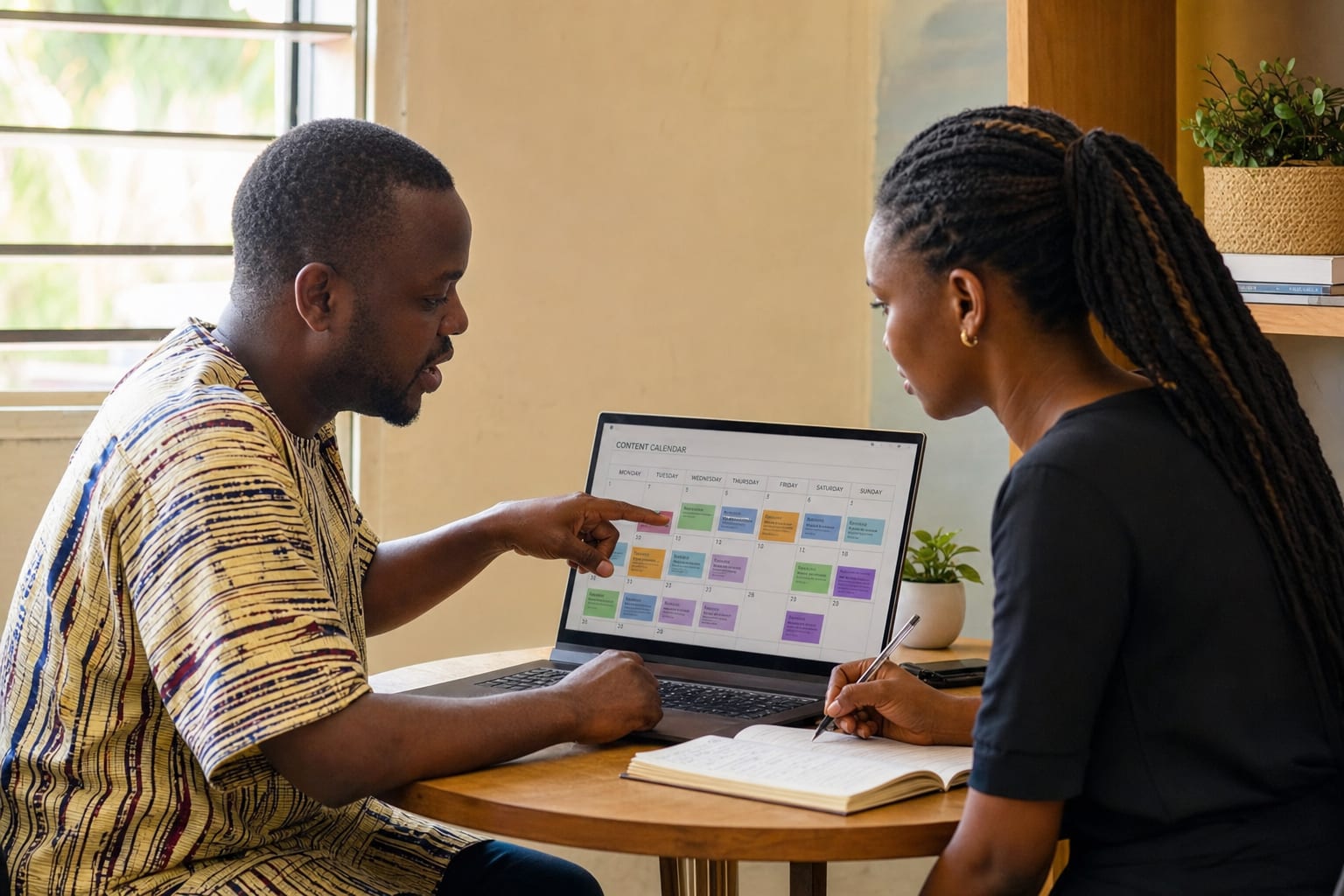 Two team members reviewing a content calendar during social media staff training