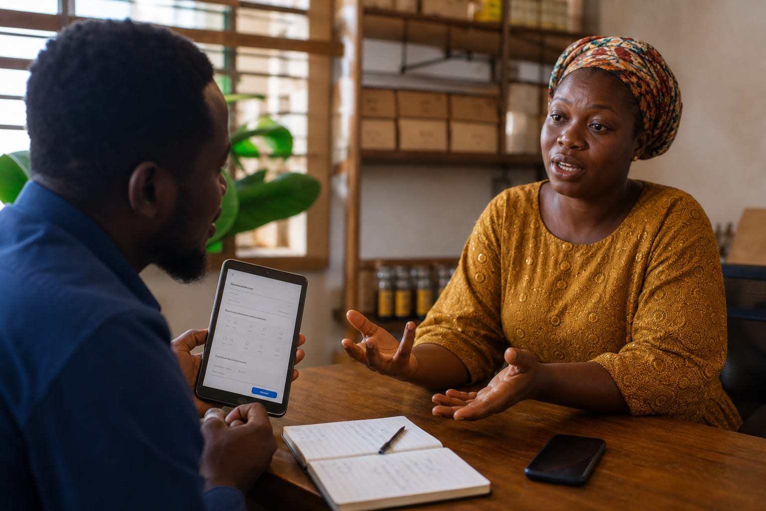 Customer interview in progress with a survey form visible on a tablet