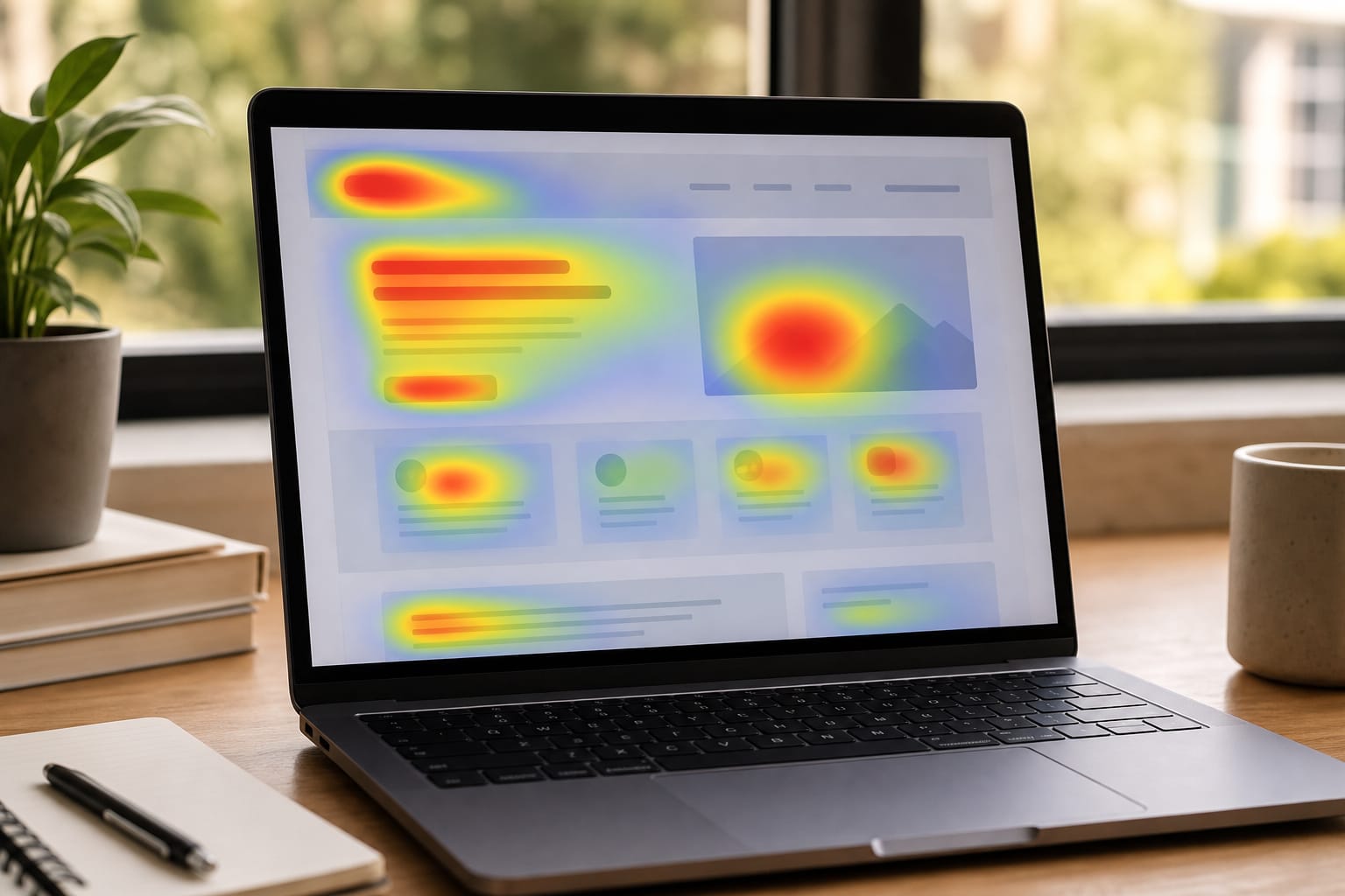 Laptop screen showing a website heatmap overlay with attention areas