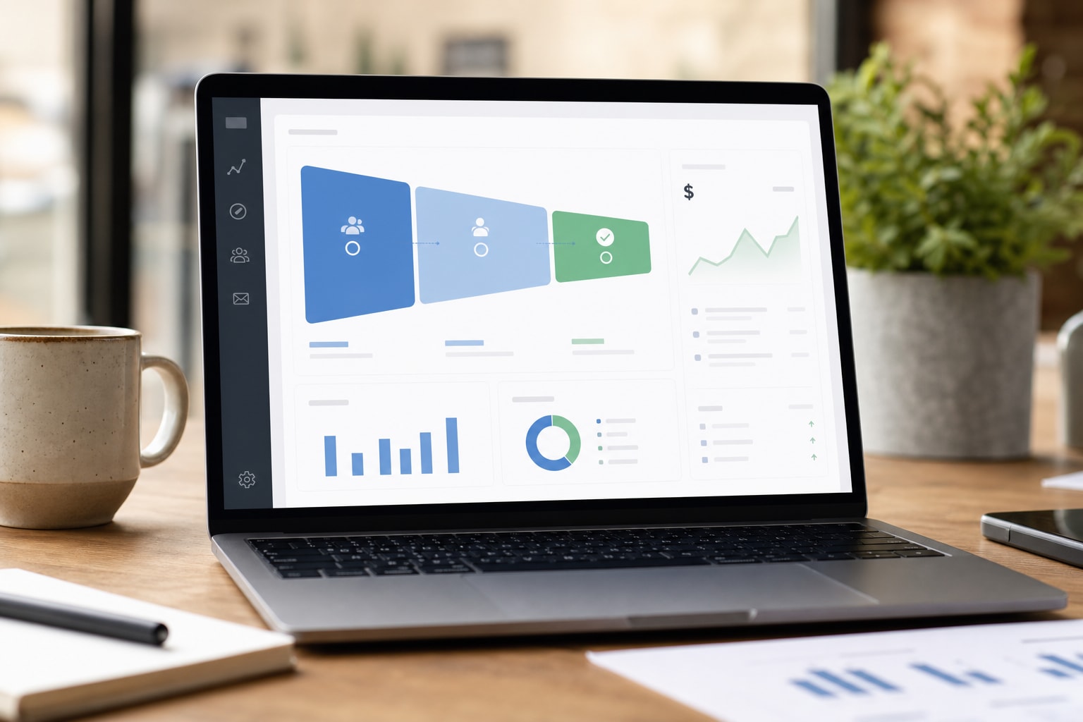Laptop dashboard showing a traffic to leads to bookings reporting flow