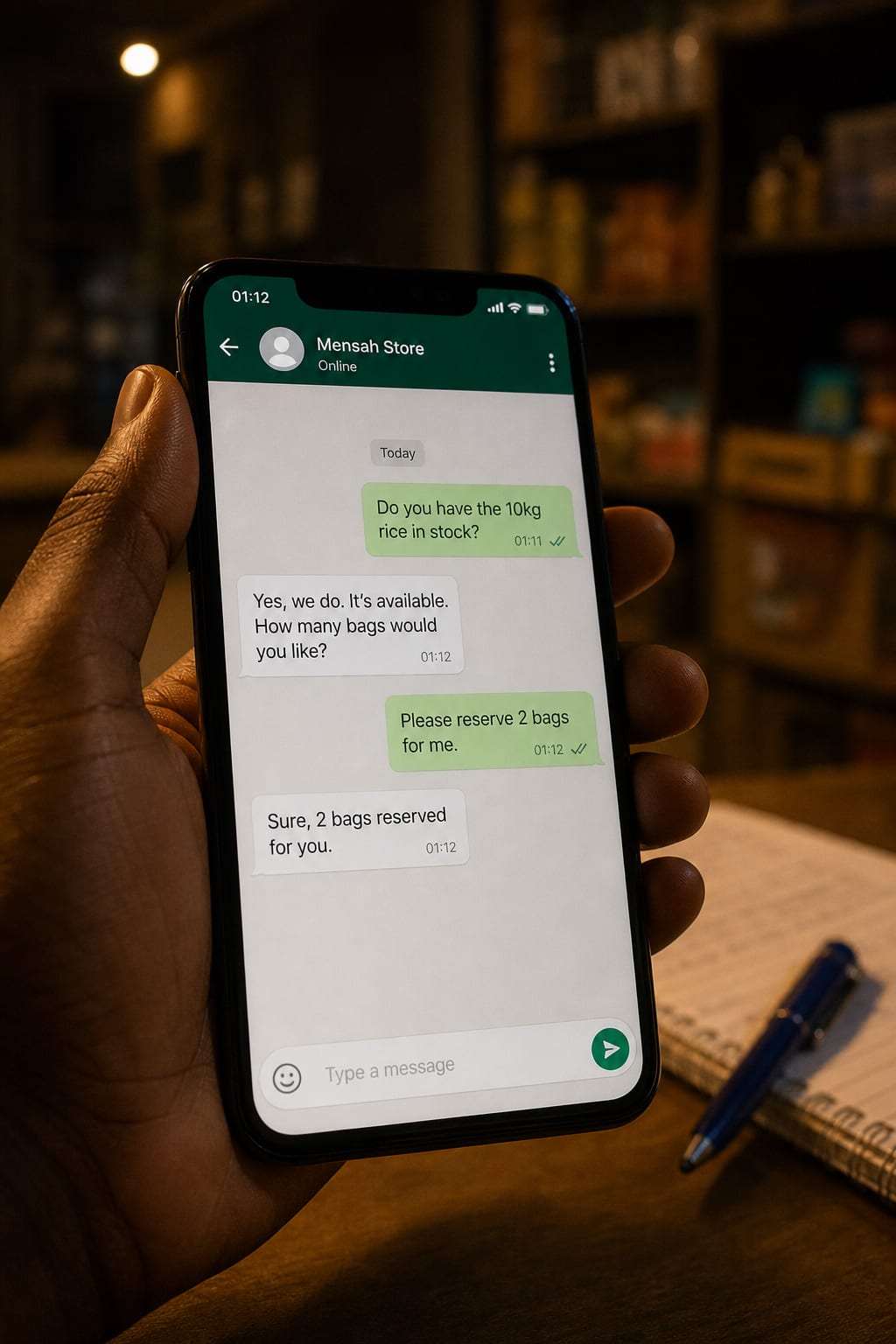 Phone held in a real hand showing an instant late-night chat reply