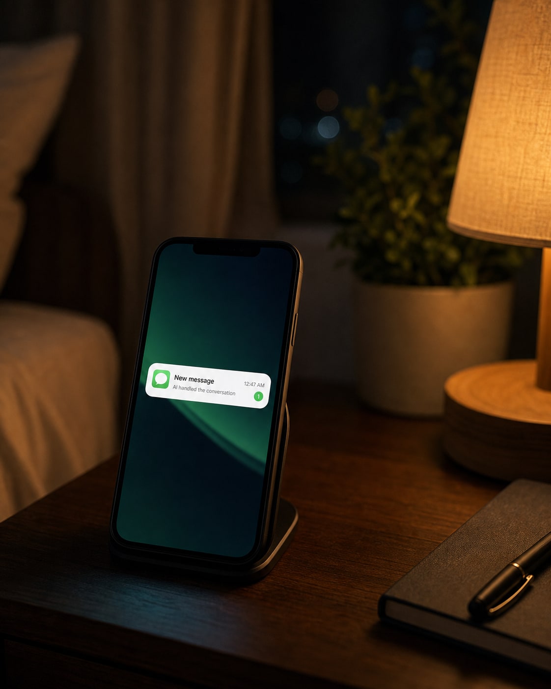 Phone on a nightstand showing an overnight automated message notification