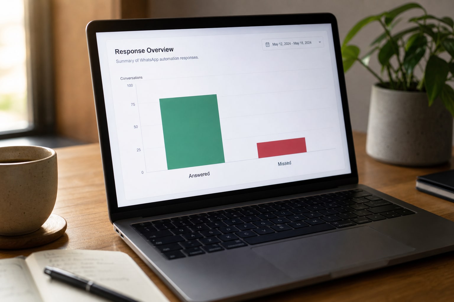 Laptop report comparing answered and missed WhatsApp messages