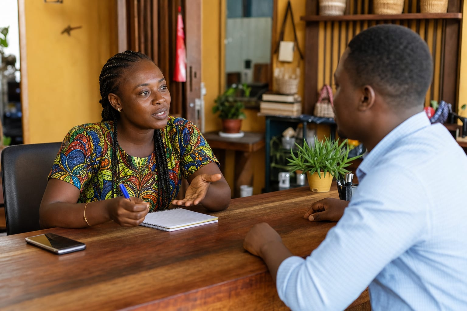 Staff member having a face-to-face conversation while a phone rests nearby