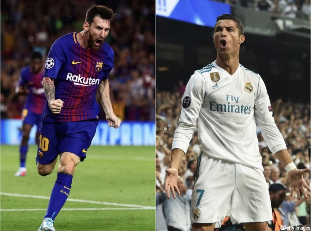 FCバルセロナの選手とレアル・マドリードの選手が試合中に喜ぶ様子を並べた写真