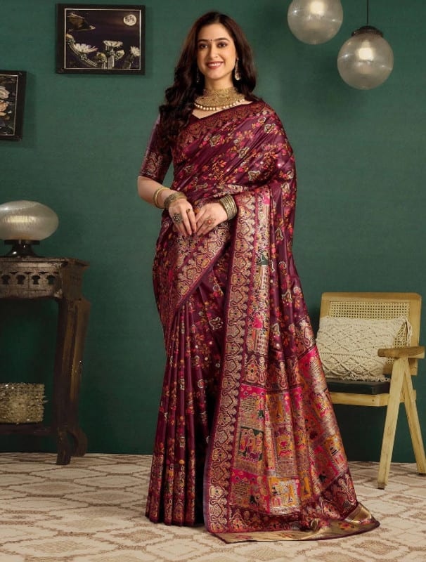 Aura silk Printed Banarasi Tussar Silk Saree