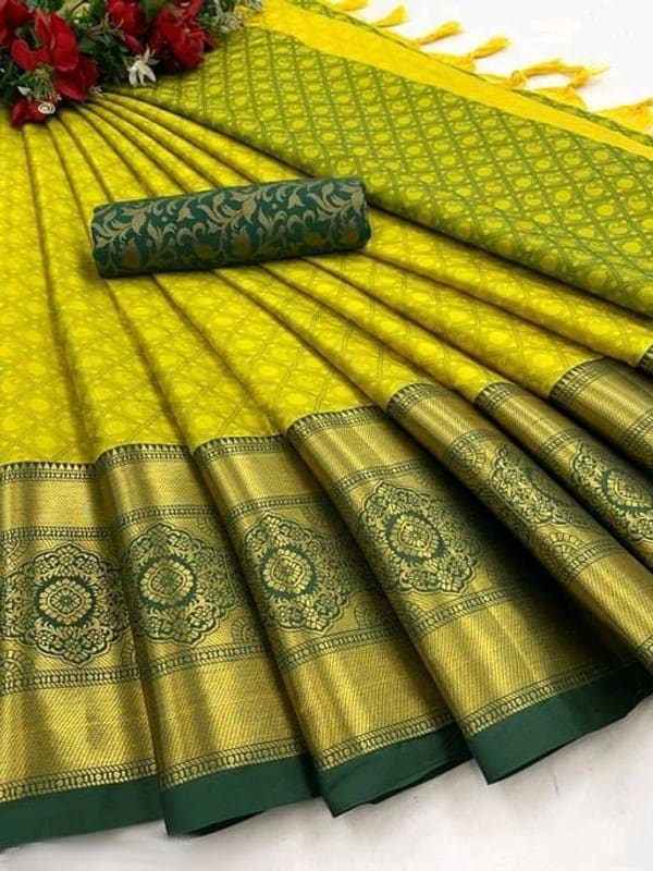 KanjiQueen Woven Kanjivaram Cotton Silk, Silk Blend Saree