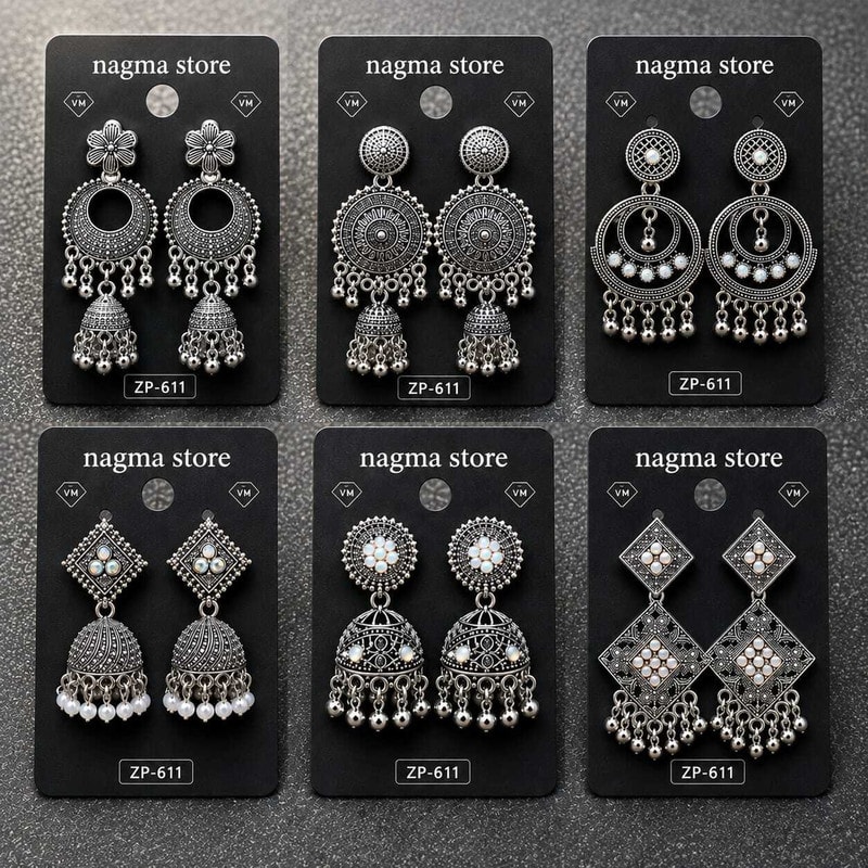 nagma store Pack Of 6 Oxidised Silver Jhumka Earrings Alloy Cuff Earring, Drops & Danglers, Earring Set, Hoop Earring, Huggie Earring, Jhumki Earring