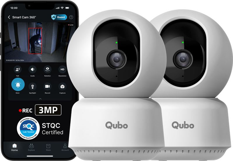 Qubo Smart 360 degree 2K|3MP(Pack of 2)|AI App Alerts|Alarm|Cloud+SD Storage|Wi-Fi Security Camera
