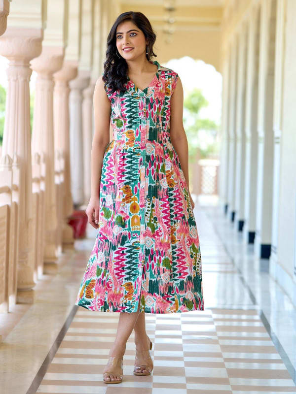 Kharoliya Women A-line Multicolor Midi/Calf Length Dress