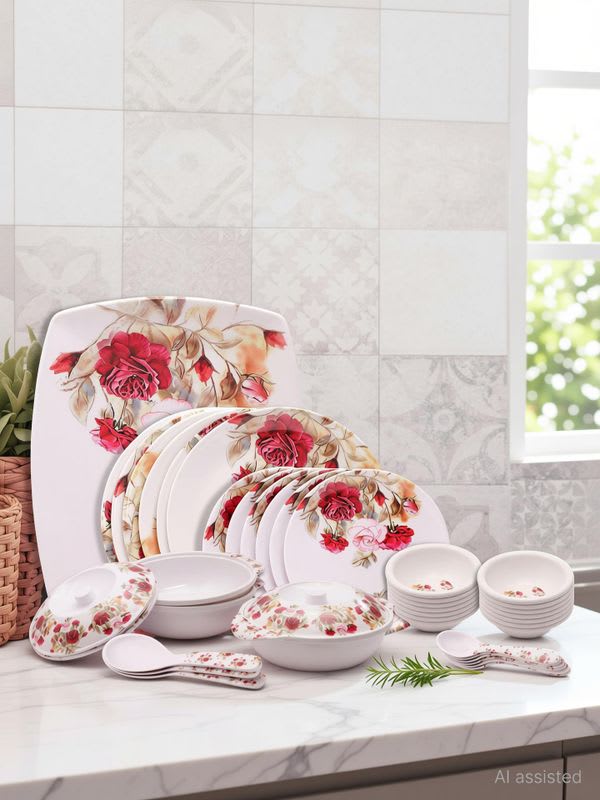 Home-pro Pack of 40 Melamin Dinner set Everyday Elegant, Stain Resistant, Beautiful Red & Pink Floral Design Dinner Set