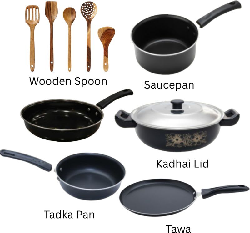 cookpro Versatile Cooking Set Kadahi,Fry Pan,Tadka Pan,Sauce Pan,Tawa & Wooden Spatulas Induction Bottom Non-Stick Coated Cookware Set