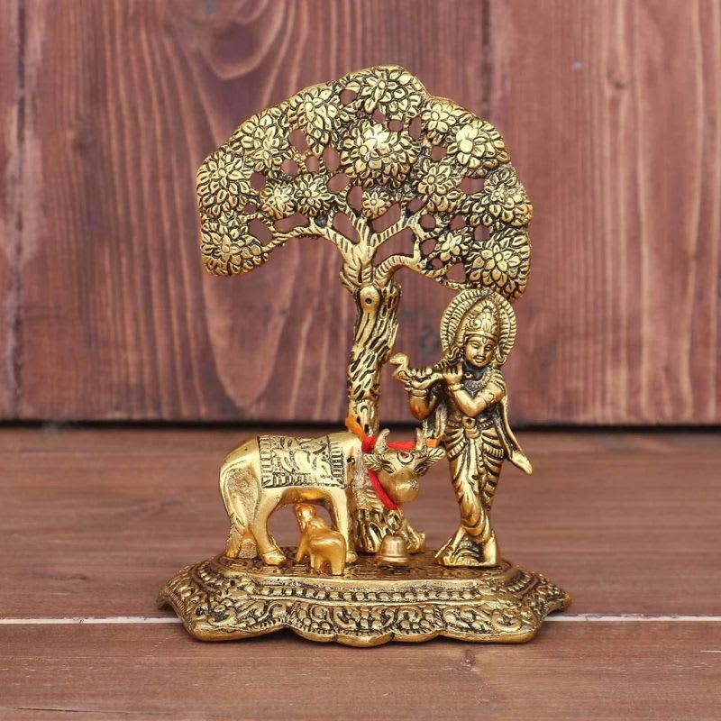 Chhariya Crafts Metal Krishna with Cow Standing Under Tree Plying Flute Decorative Showpiece - 17 cm