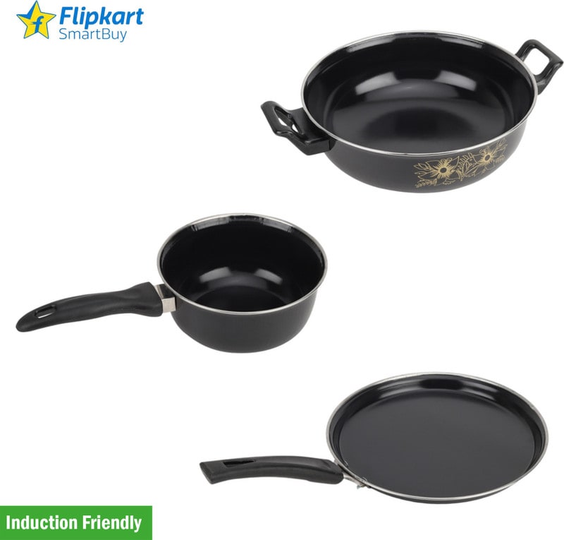 Flipkart SmartBuy Brand New Kitchen Combo Cookware Set - Kadhai, Tawa & Sauce Pan | Induction Bottom Non-Stick Coated Cookware Set