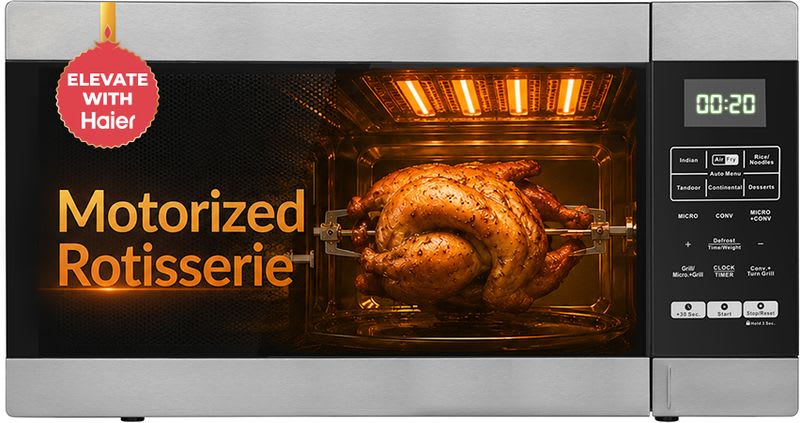 Haier 30 L Air Fryer with 5 in 1 Microwave oven, 305 Auto Cook Menus , 360 Motorized Rotisserie for Barbeque, 36 Air fry Recipe, 305 Auto cook menus, Stainless Steel Cavity, Multi 