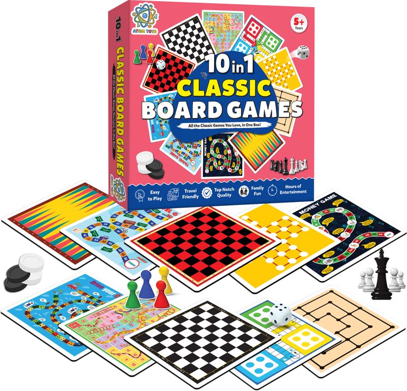 ATOM TOYS Classic Board Game Set for Kids & Adults - 10 in 1 Board Games Set Educational Board Games
