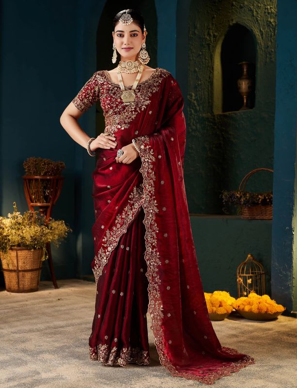 KanjiQueen Embroidered Banarasi Satin, Pure Silk Saree