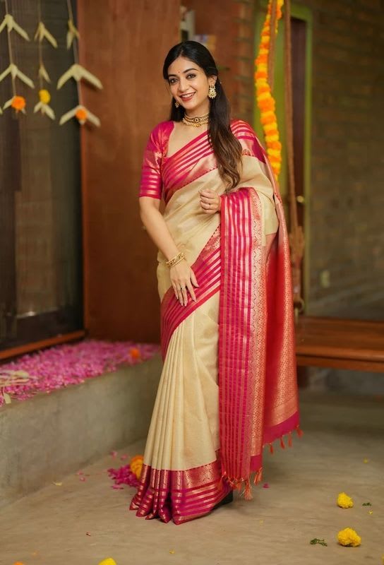 ShopGlobal Woven, Striped Kanjivaram Silk Blend, Art Silk Saree