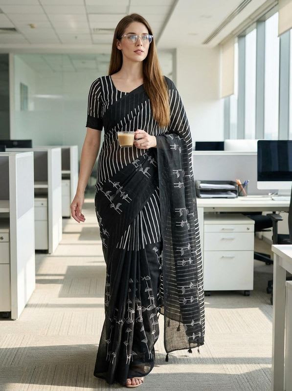 Anmi Embellished, Digital Print, Striped, Floral Print Bollywood Cotton Linen Saree