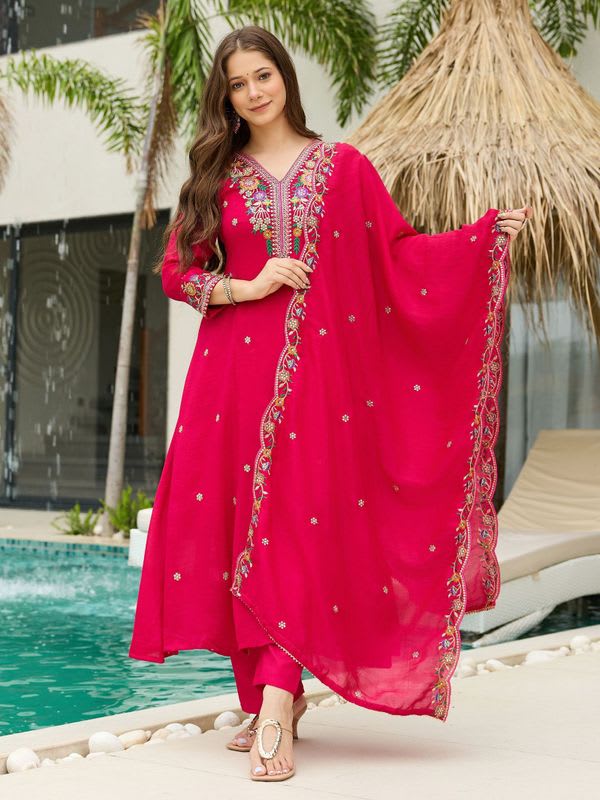 Zoux Embroidered Tussar Silk Anarkali Kurta for Women With Attached Dupatta