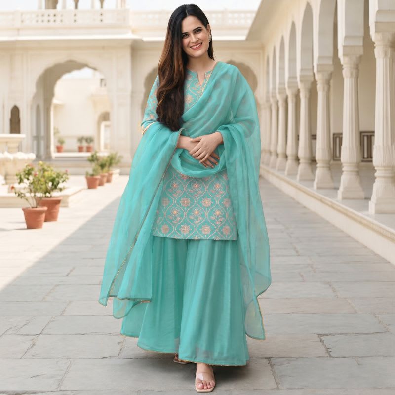 Jems World Women Cotton Rayon Kurta Sharara Dupatta Set