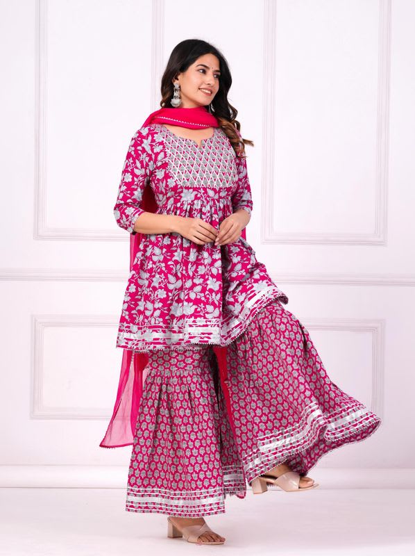 Suyasam Creation Women Cotton Rayon Kurta Sharara Dupatta Set