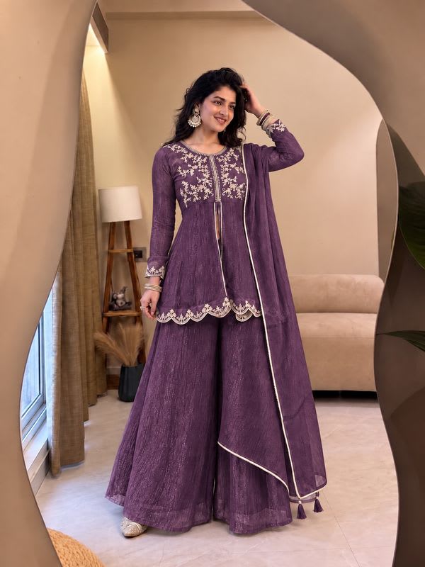 ESTHERCHARM Chandni Embroidered Kurta, Sharara & Dupatta Set