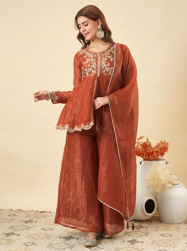 MOKOSH Women Pure Silk Kurti Sharara Dupatta Set