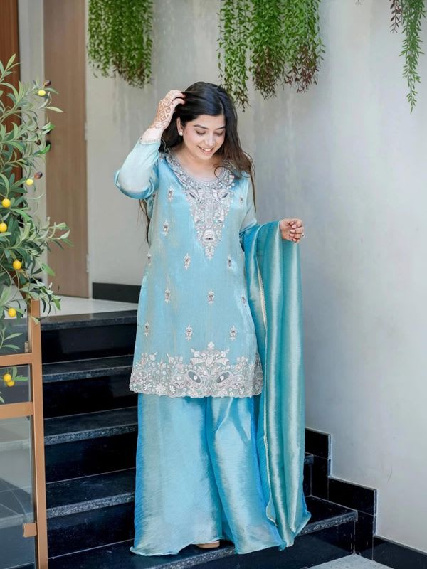 ZONFAB Pakistani Style Luxurious Wedding Outfit, Printed Kurta, Sharara & Dupatta Set