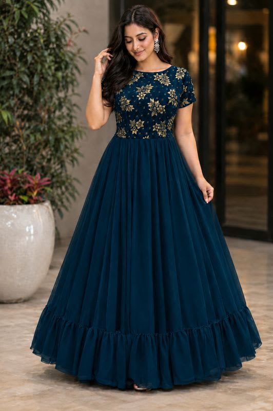 ELLIRI Printed, Floral Print Velvet, Georgette Stitched Flared/A-line Gown