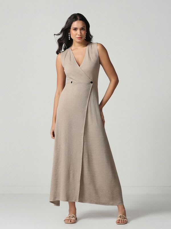 Selvia Women A-line Beige Maxi/Full Length Dress