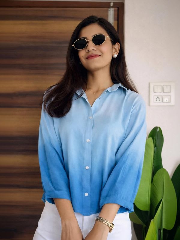 NINEOX Casual Regular Sleeves Ombre Women Blue Top