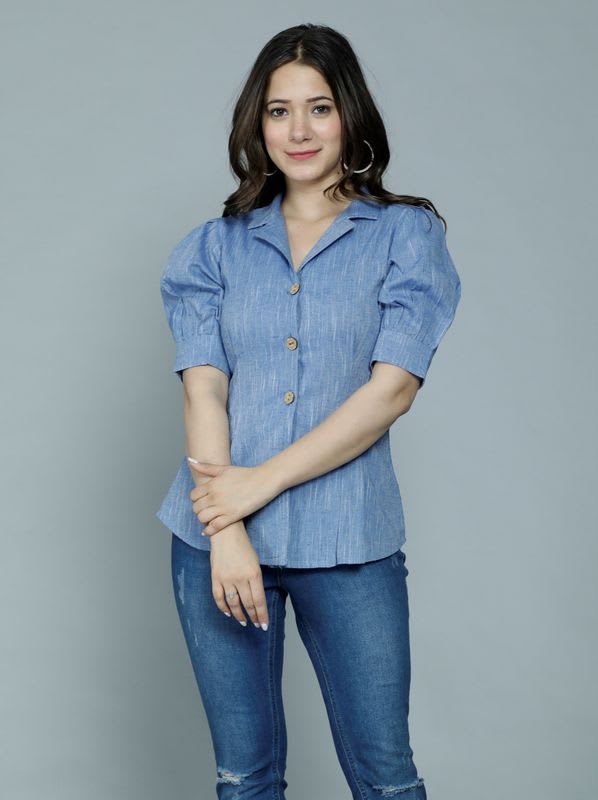 THAWAR JI Casual Regular Sleeves Solid Women Blue Top