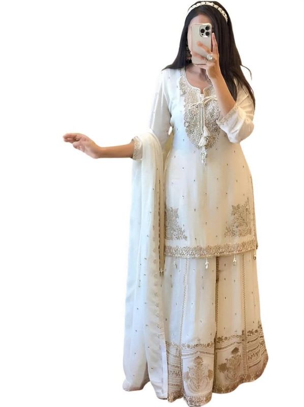 SHISHKALA Women Pure Silk Kurta Palazzo Dupatta Set