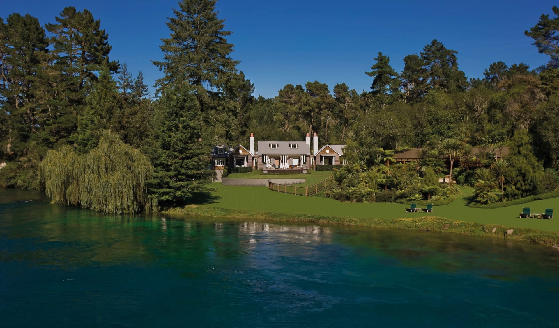 Huka Lodge in Taupo:  Alan Pye Cottage Exterior Over River_84863