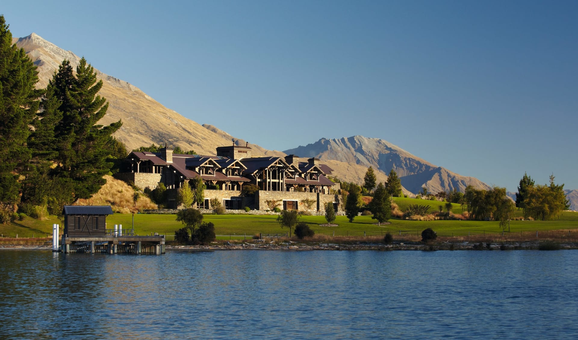 Blanket Bay in Glenorchy: Exterior Blanket Bay - Lodge from the Lake cSmall Luxury Hotels