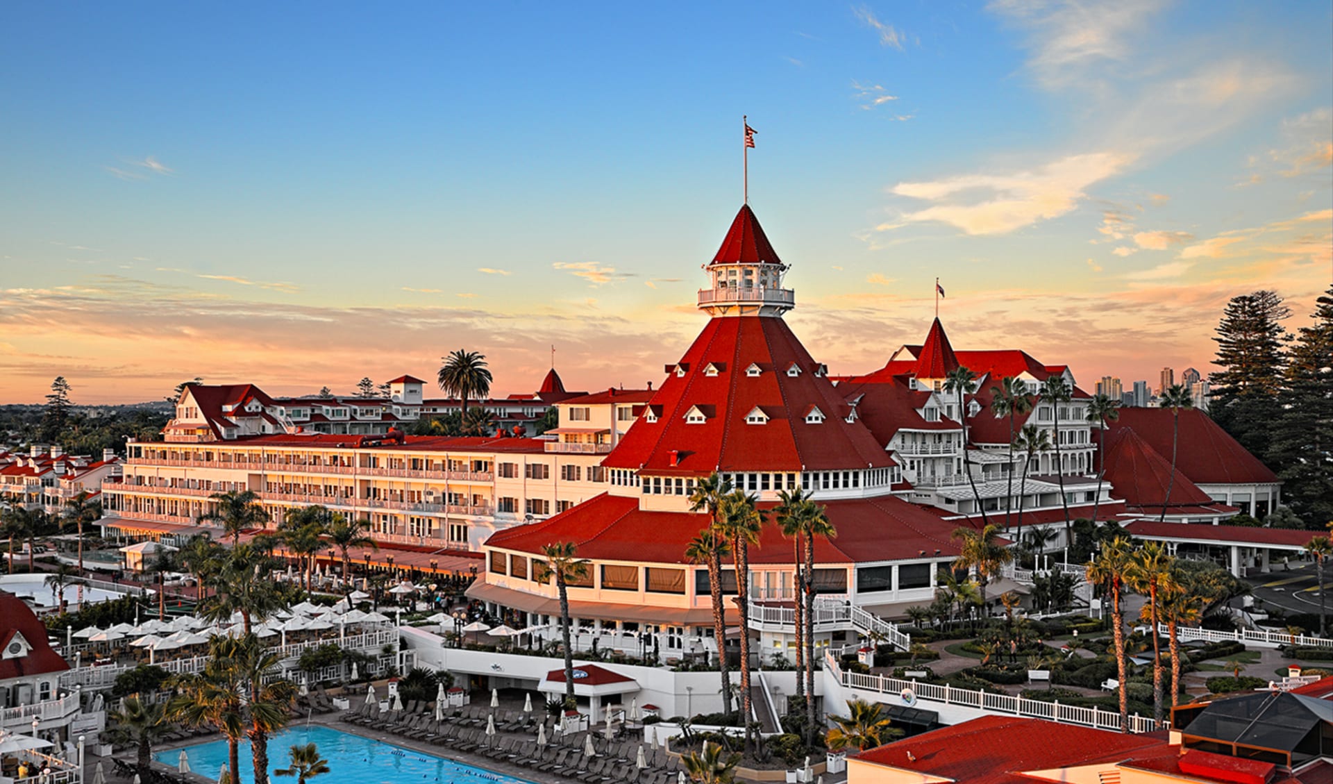 Hotel del Coronado in San Diego:  Del Coronado - Pool-sunset-turret-14-jbahu-hires