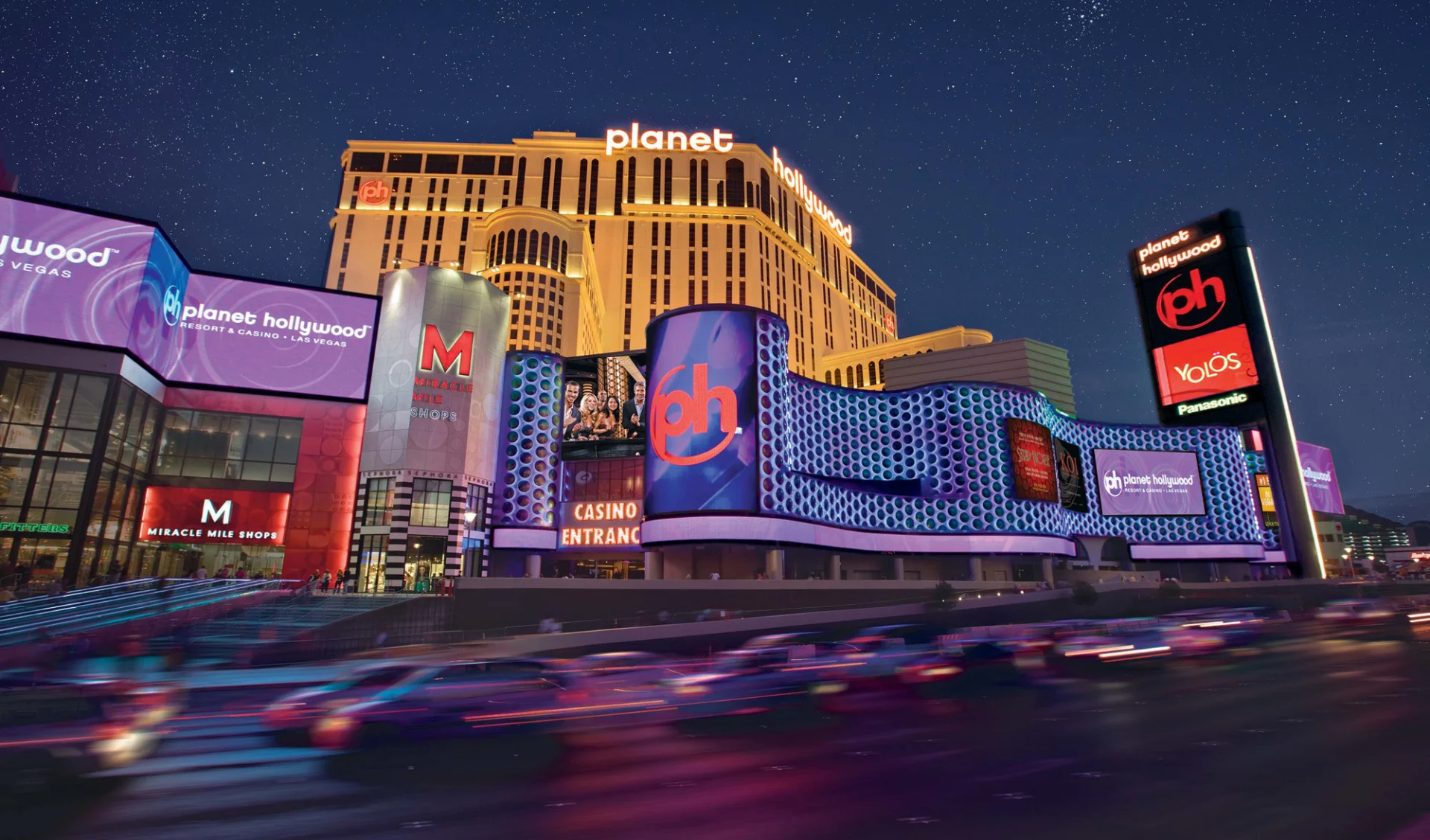 Planet Hollywood Resort & Casino in Las Vegas:  Planet Hollywood - Aussenansicht bei Nacht