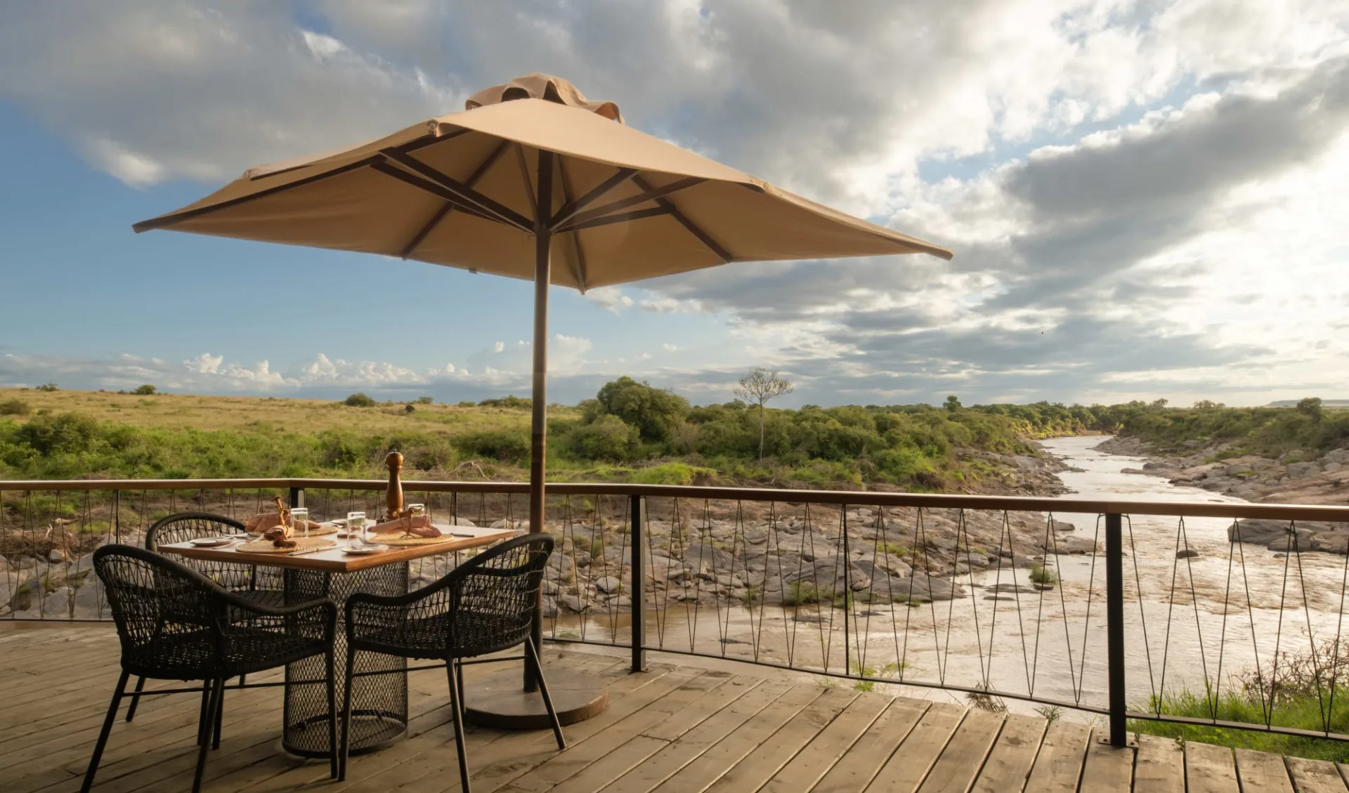 Rekero Camp in Masai Mara:  Seating on Deck with view of the river